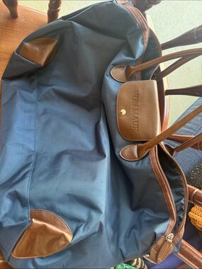 Von Maur Navy Duffel Bag with Brown Leather Trim